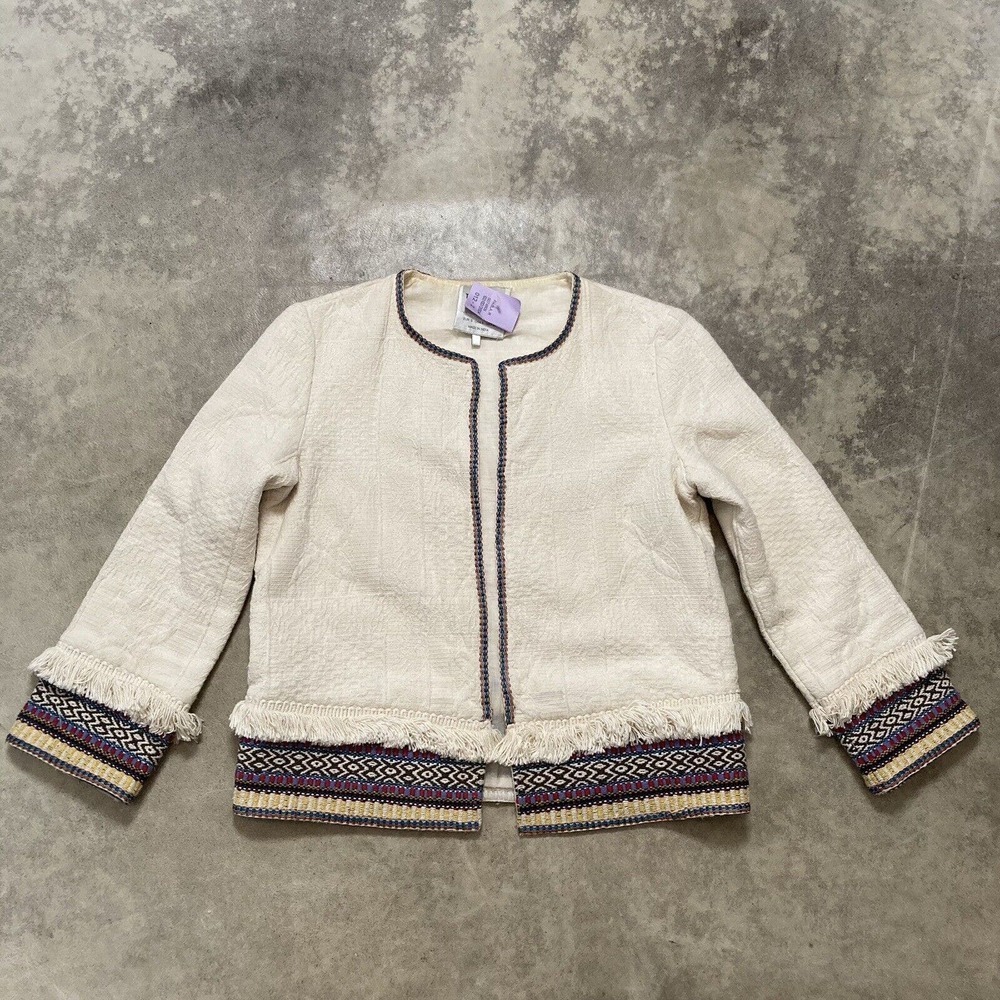 Zara Trafaluc Jacket Womens sz S White Tweed Blue Machine Embroidered Moroccan